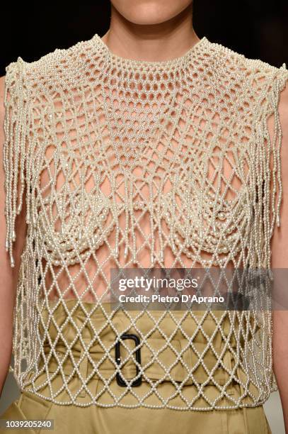 Model, fashion detail, walks the runway at the Chika Kisada show during Milan Fashion Week Spring/Summer 2019 on September 24, 2018 in Milan, Italy.