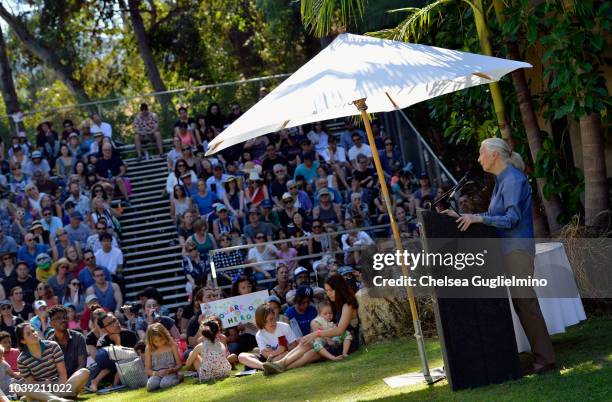 Jane Goodall speaks at the Los Angeles Zoo hosts Jane Goodall Institute's Roots & Shoots Day of Peace at Los Angeles Zoo on September 23, 2018 in Los...