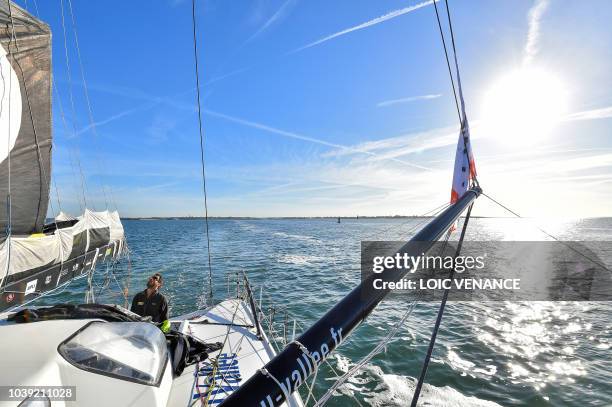 French sailor Louis Burton sails aboard his Imoca 60 monohull Bureau Vallee, as he sails from Lorient to Saint-Malo, on September 24 a few weeks...