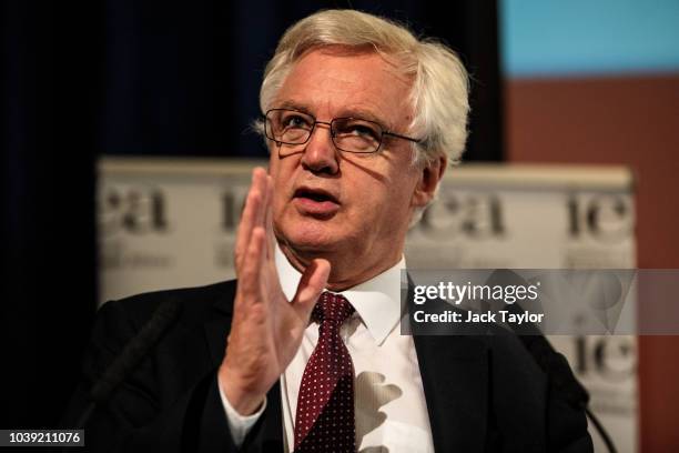 Former Brexit Secretary David Davis MP speaks at an Institute of Economic Affairs panel discussion to launch their latest Brexit report at One...