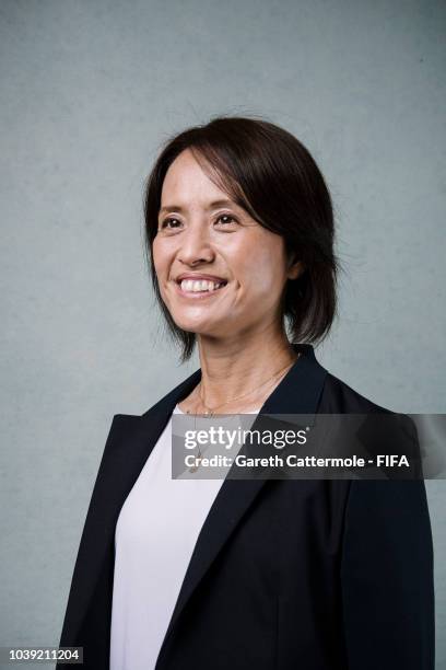 Asako Takakura, manager of the Japanese Women's national team poses for a portrait prior to The Best FIFA Football Awards at London Marriott Hotel...