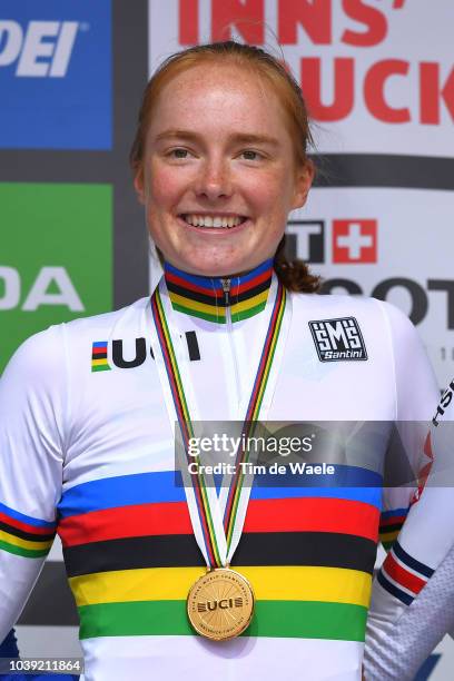 Podium / Rozemarijn Ammerlaan of The Netherlands Gold Medal / Celebration / during the Individual Time Trial Women Junior a 20km race from Wattens to...