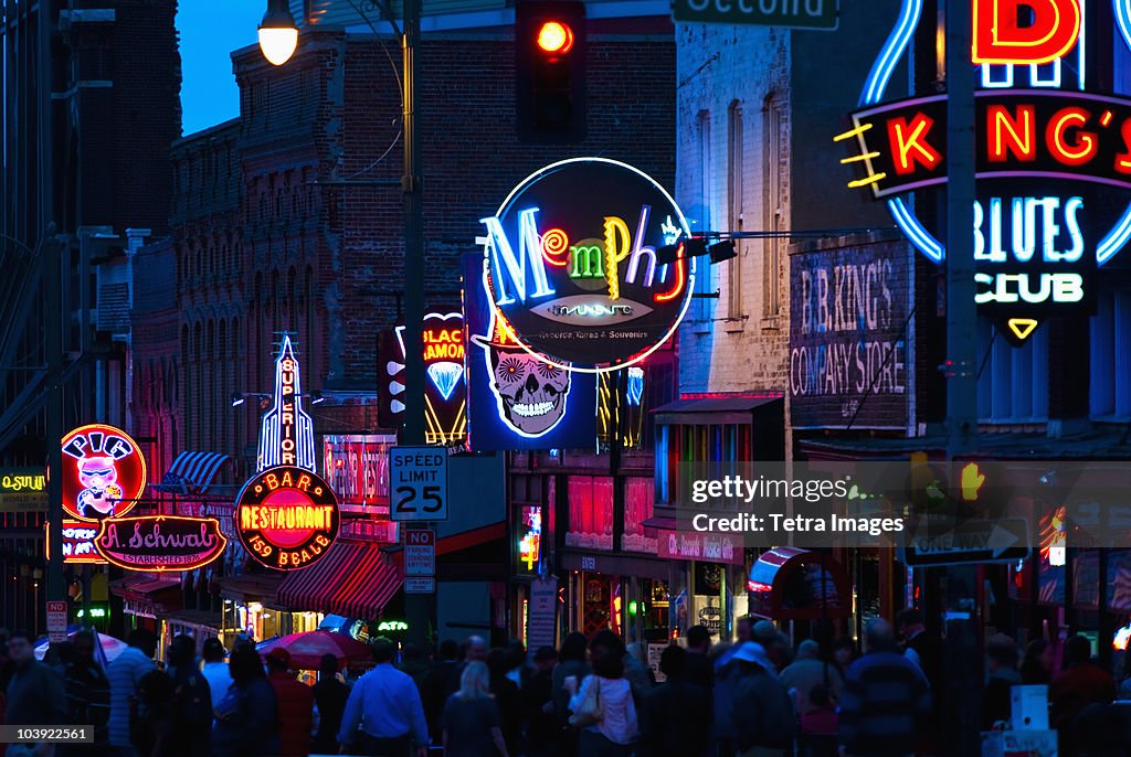 Illuminated signs on Beale Street in Memphis