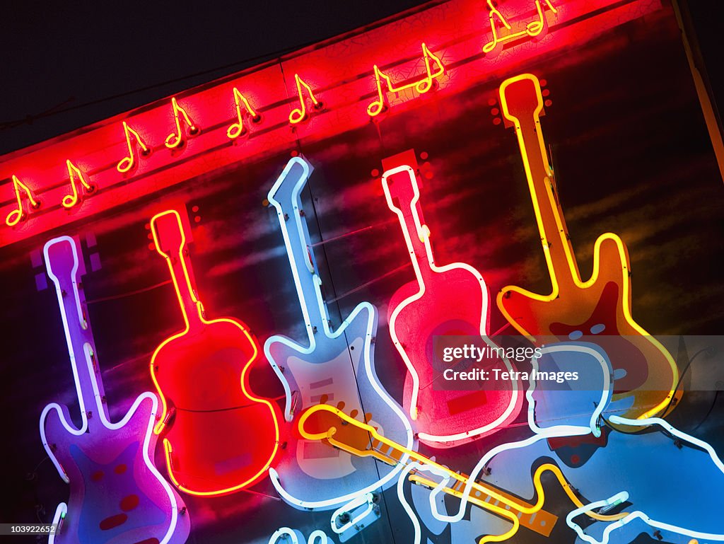 Illuminated guitars on Beale Street in Memphis