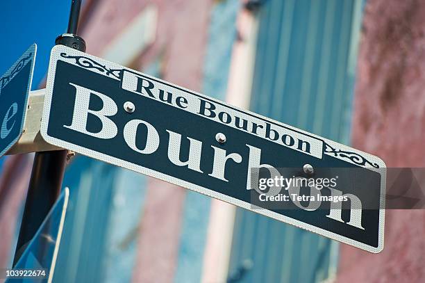 bourbon street sign - bourbon street new orleans stock pictures, royalty-free photos & images