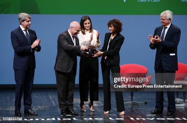 Queen Letizia of Spain presents the 'V De Vida' AECC Awards to Francisco Juan Martinez Mojica and Emmanuelle Charpentier at Canal Theater on...