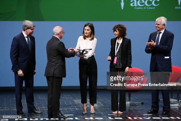Queen Letizia of Spain presents the 'V De Vida' AECC Awards to Francisco Juan Martinez Mojica and Emmanuelle Charpentier at Canal Theater on...