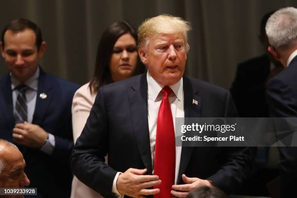 President Donald Trump attends a meeting on the global drug problem at the United Nations with UN Ambassador Nikki Haley a day ahead of the official...