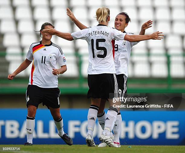 Kyra Malinowski of Germany celebrates scoring with Lena Petermann during the FIFA U17 Women's World Cup match between Germany and South Africa at the...