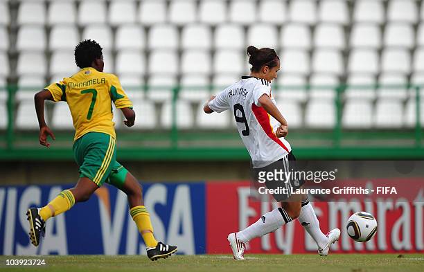Kyra Malinowski of Germany scores a goal during the FIFA U17 Women's World Cup match between Germany and South Africa at the Dwight Yorke Stadium on...