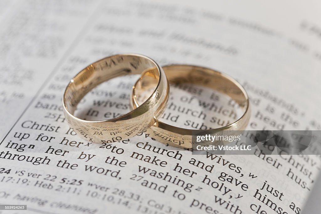 Wedding rings on top of an open bible
