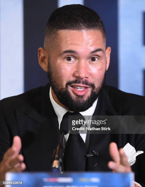 Tony Bellew speaks to the media during the Oleksandr Usyk and Tony Bellew press conference at the Radisson Blu Edwardian Hotel on September 24, 2018...
