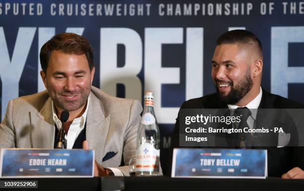 Tony Bellew and promoter Eddie Hearn during the press conference at the Radisson Blu Edwardian Hotel, Manchester.