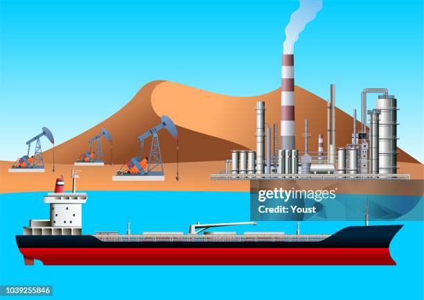 ilustraciones, imágenes clip art, dibujos animados e iconos de stock de petrolero, bomba gato, plataforma de perforación y refinería. aceite y gas instalaciones de producción - oil tanker