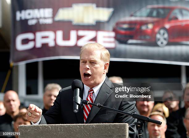 Ted Strickland, governor of Ohio, speaks during a launch event for the new Chevrolet Cruze at the General Motors Co. Assembly plant in Lordstown,...