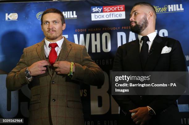 Oleksandr Usyk and Tony Bellew during the press conference at the Radisson Blu Edwardian Hotel, Manchester. PRESS ASSOCIATION Photo. Picture date:...