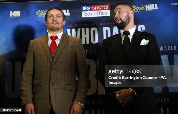 Oleksandr Usyk and Tony Bellew during the press conference at the Radisson Blu Edwardian Hotel, Manchester. PRESS ASSOCIATION Photo. Picture date:...