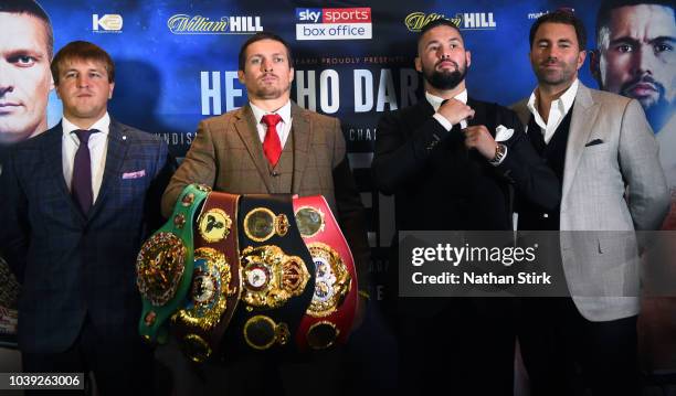 Oleksandr Usyk and Tony Bellew pose for a photograph during the Oleksandr Usyk and Tony Bellew press conference at the Radisson Blu Edwardian Hotel...