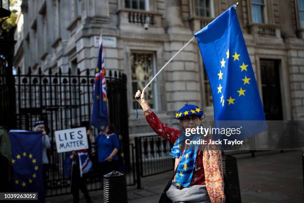 Pro-EU protesters demonstrate ahead of a Brexit cabinet meeting on immigration policy at Downing Street on September 24, 2018 in London, England....