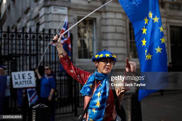 Pro-EU protesters demonstrate ahead of a Brexit cabinet meeting on immigration policy at Downing Street on September 24, 2018 in London, England....