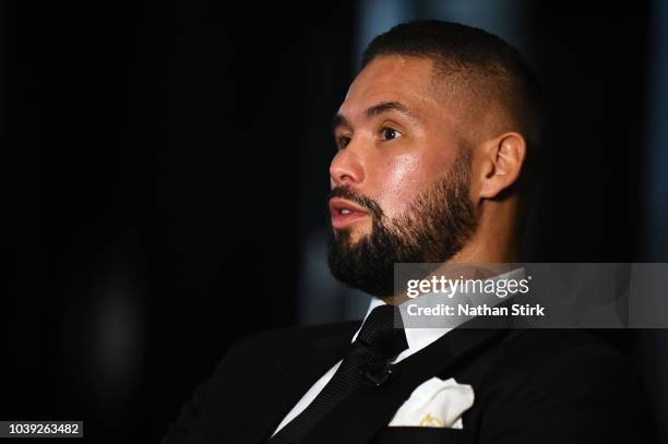 Tony Bellew speaks to the media during the Oleksandr Usyk and Tony Bellew press conference at the Radisson Blu Edwardian Hotel on September 24, 2018...