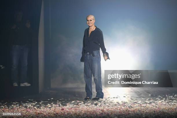 Designer Maria Grazia Chiuri greets at the end of the show during the Christian Dior show as part of the Paris Fashion Week Womenswear Spring/Summer...