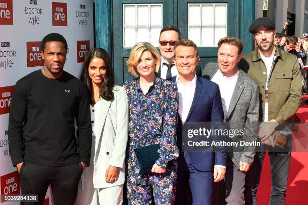 Tosin Cole, Mandip Gill, Jodie Whitaker, Chris Chibnall, Bradley Walsh, Matt Stevens and Jamie Childs arrive at the Doctor Who Premiere Screening at...