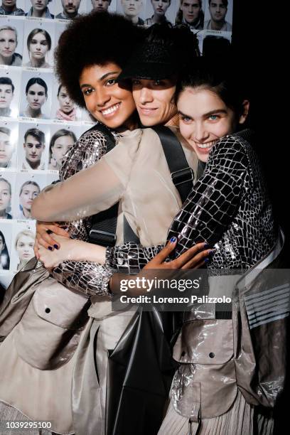 Models are seen backstage ahead of the Emporio Armani show during Milan Fashion Week Spring/Summer 2019 on September 20, 2018 in Milan, Italy.