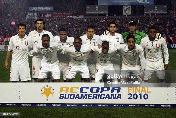 Players of Liga Desportiva Universitaria Quito pose for photographers before a final match against Estudiantes as part of the Recopa 2010 on...