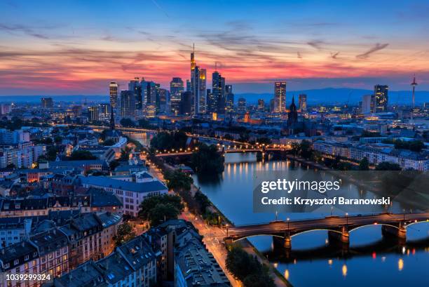 frankfurt am main skyline at dusk - frankfurt main tower stock pictures, royalty-free photos & images