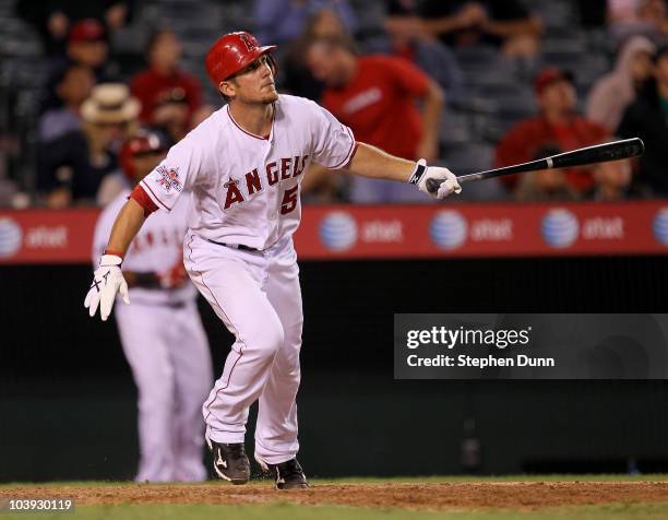 Jeff Mathis of the Los Angeles Angels of Anaheim hits a walk off sacrifice fly to score Torii Hunter from third base against the Cleveland Indians in...