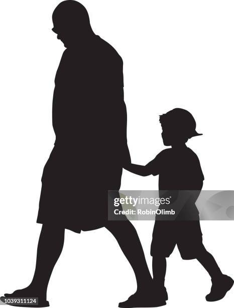 ilustraciones, imágenes clip art, dibujos animados e iconos de stock de papá camina con silueta de hijo - abuelos y nietos