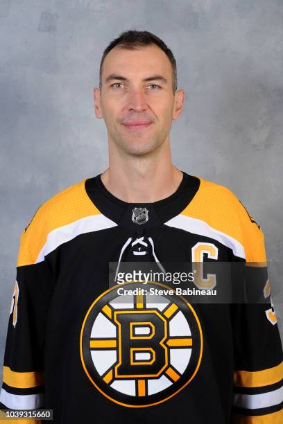 Zdeno Chars of the Boston Bruins poses for his official headshot for the 2018-2019 season on September 13, 2018 at the Warrior Ice Arena in Brighton,...