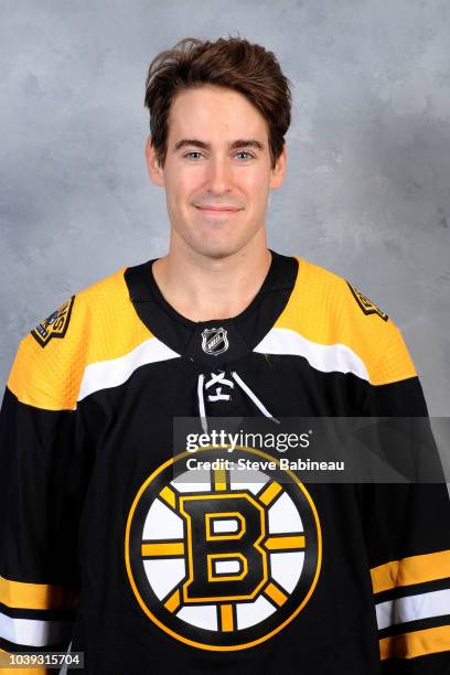 John Moore of the Boston Bruins poses for his official head shot for the 2018-2019 season on September 11, 2018 at the Warrior Ice Rink in Watertown,...