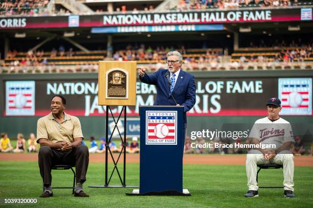 Former pitcher Jack Morris is honored for his Hall of Fame induction along with fellow Hall of Fame players Dave Winfield and manager Paul Molitor of...