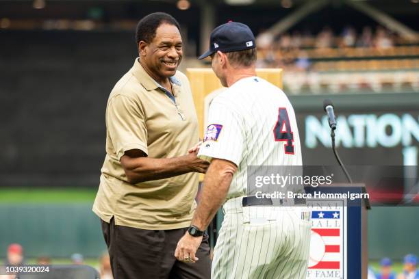 Former outfielder and Hall of Fame player Dave Winfield and manager Paul Molitor of the Minnesota Twins prior to the game against the Detroit Tigers...