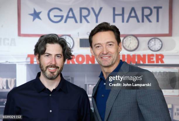 Jason Reitman and Hugh Jackman attend "The Front Runner" photo call at Crosby Street Hotel on September 24, 2018 in New York City.