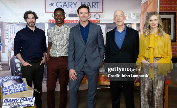Jason Reitman, Mamoudou Athie, Hugh Jackman, Sara Paxton and JK Simmons attend "The Front Runner" photo call at Crosby Street Hotel on September 24,...