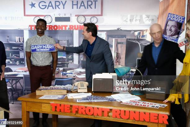Mamoudou Athie, Hugh Jackman and JK Simmons attend "The Front Runner" photo call at Crosby Street Hotel on September 24, 2018 in New York City.