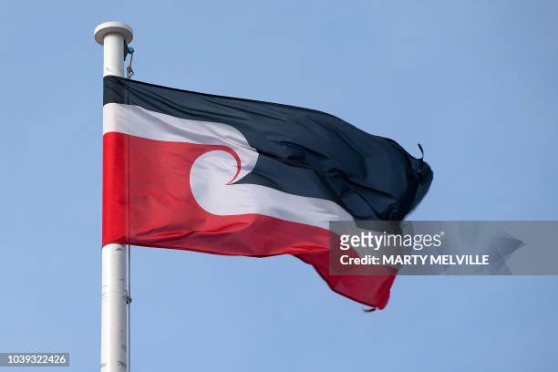The Maori flag flutters outside Te Papa museum of New Zealand, in Wellington on September 13, 2018. - Te reo was banned in schools for much of the...