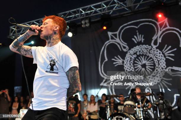 Frank Carter of Gallows performs on stage during the second day of Reading Festival 2010 on August 28, 2010 in Reading, England.