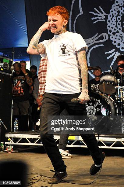Frank Carter of Gallows performs on stage during the second day of Reading Festival 2010 on August 28, 2010 in Reading, England.