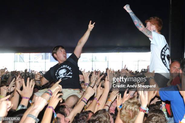 Frank Carter of Gallows performs in the crowd during the second day of Reading Festival 2010 on August 28, 2010 in Reading, England.