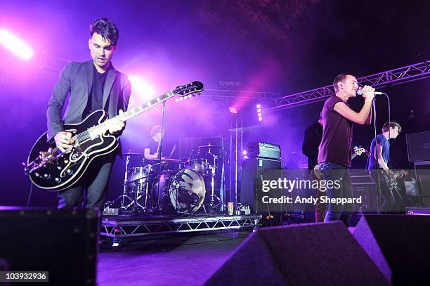 Michael Hibbert, Rich Mitchell, Lewis Bowman and Alex Parry of Chapel Club perform on stage during the second day of Reading Festival 2010 on August...