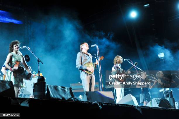 Win Butler of Arcade Fire performs on stage during the second day of Reading Festival 2010 on August 28, 2010 in Reading, England.
