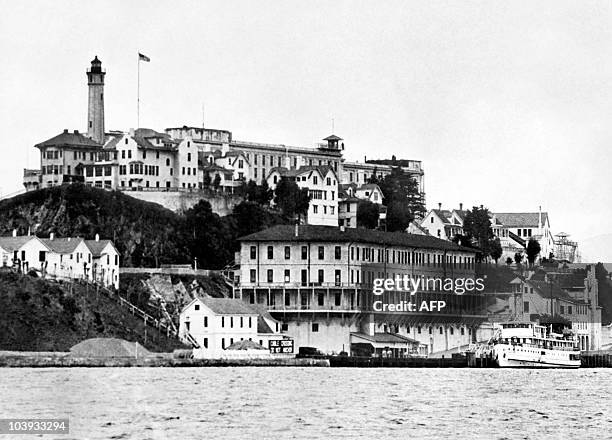 View dated 1930's of the Alcatraz island and penitentiary, in the San Francisco Bay. From the mid 1930's until the mid 1960's, Alcatraz was America's...