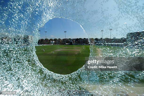 Sussex take on Northamptonshire viewed through the press box window, smashed by a Mal Loye six during the LV County Championship match between Sussex...