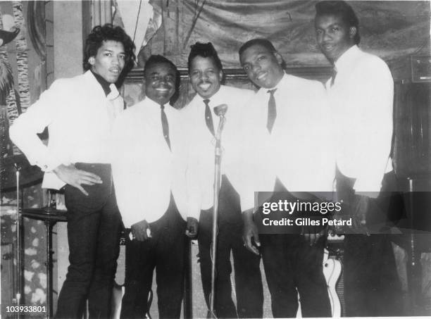 Curtis Knight And The Squires - L-R Jimi Hendrix, unknown, Curtis Knight, Lonnie Youngblood and Ace Hall? pose for a group portrait in 1966 in the...