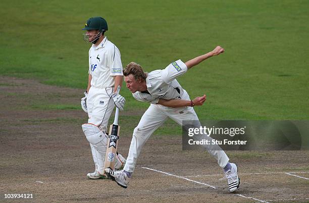 Yorkshire bowler Steven Patterson in action during day three of the LV County Championship division one match between Nottinghamshire and Yorkshire...