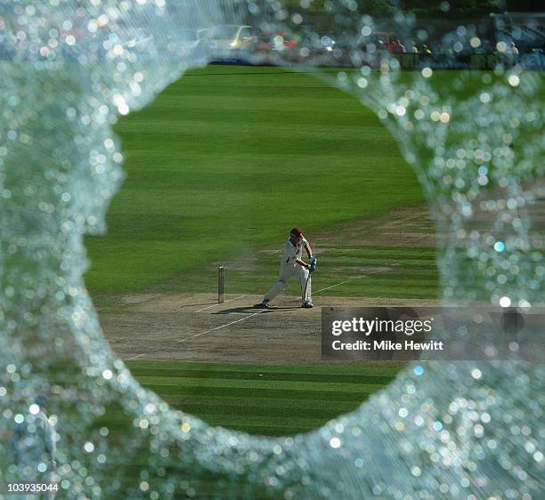 Big hitting Mal Loye of Northamptonshire plays a defensive shot having previously smashed the press box window with a huge six during the LV County...